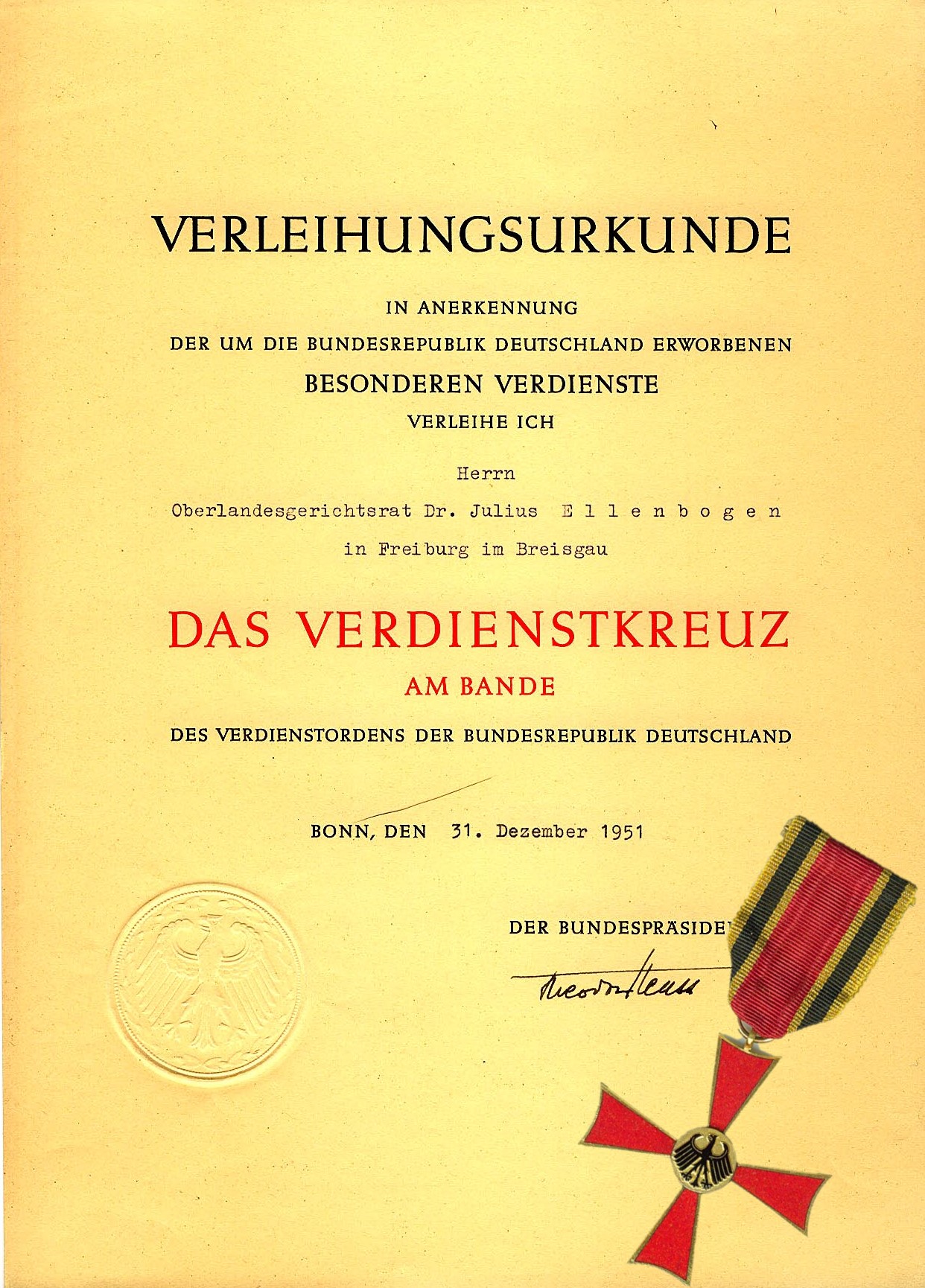 Awarded to Julius Ellenbogen 1951