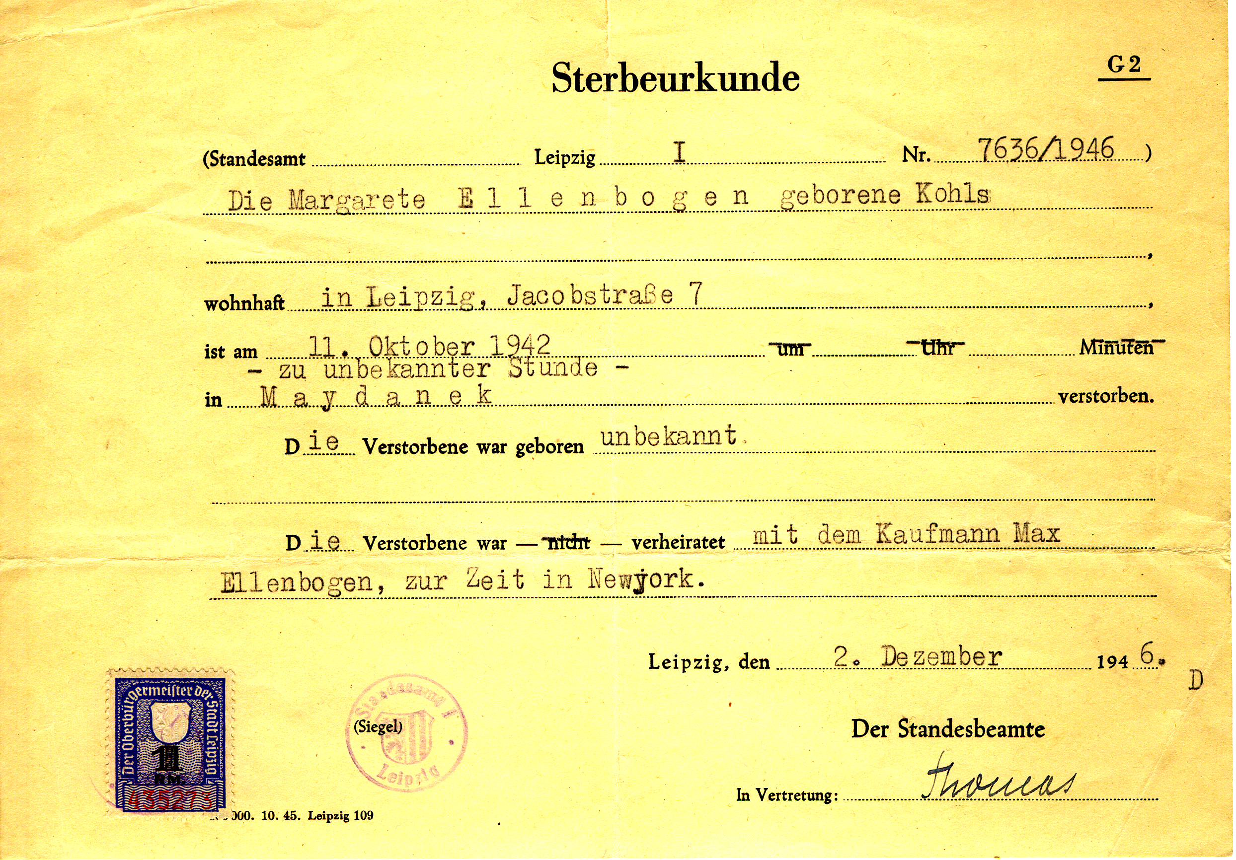 Margarete Kohls death certificate 1946